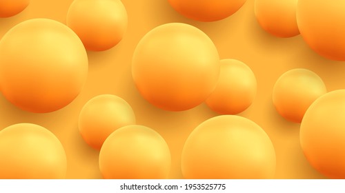 Yellow background with yellow bubbles flying in the air, 3d spheres, fun juicy summer background with glossy balls