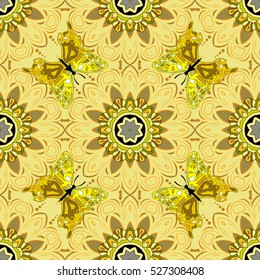 Yellow background with butterflies. Mandalas flowers. Vector illustration texture