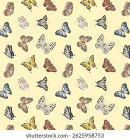 Yellow background with butterflies.Vector seamless pattern with multicolored butterflies on a yellow background.