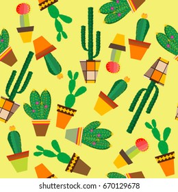 Yellow background with cactus flowers in pots