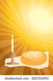 yellow background with candle and ritual bread for Slava holiday - vector greeting card