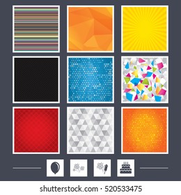 Yellow background. Carbon fiber texture. Mossaic and low poly design. Birthday party icons. Cake and gift box signs. Air balloon and fireworks symbol. Abstract backgrounds. Vector