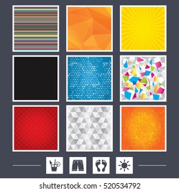 Yellow background. Carbon fiber texture. Mossaic and low poly design. Beach holidays icons. Cocktail, human footprints and swimming trunks signs. Summer sun symbol. Abstract backgrounds. Vector