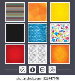 Yellow background. Carbon fiber texture. Mossaic and low poly design. Check or Tick icon. Phone call and Information signs. Support communication chat bubble symbol. Abstract backgrounds. Vector