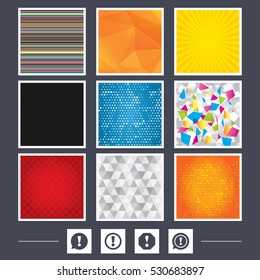 Yellow background. Carbon fiber texture. Mossaic and low poly design. Attention icons. Exclamation speech bubble symbols. Caution signs. Abstract backgrounds. Vector