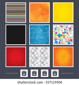Yellow background. Carbon fiber texture. Mossaic and low poly design. Sale gift box tag icons. Discount special offer symbols. 30%, 50%, 70% and 90% percent discount signs. Abstract backgrounds