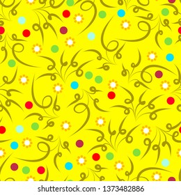 a yellow background with colorful dots and orange flowers and green ornaments