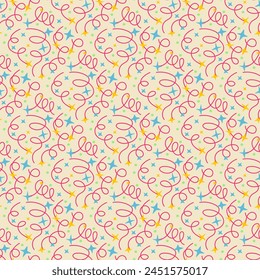 Yellow background with confetti, paper spirals, stars and glitter. Filling the space. Joy, serenity and fun. Congratulations design
