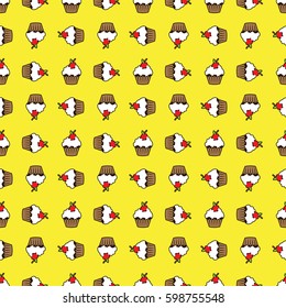Yellow background cupcake seamless pattern. Vector illustration