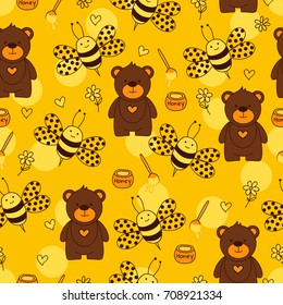 Yellow background with cute bear, bee, honey, flowers and heart. Hand drawn seamless pattern with nice animals. 