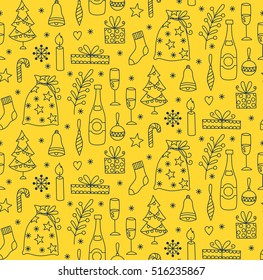 Yellow background cute new year christmas doodles hand drawn seamless vector pattern 