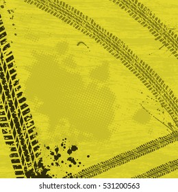 Yellow background with dark tire tracks and ink blots