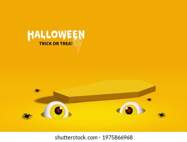 Yellow background decorated with yellow coffin base podium, holes pit with eyeballs monster, and black spider. Halloween concept. Vector illustration.