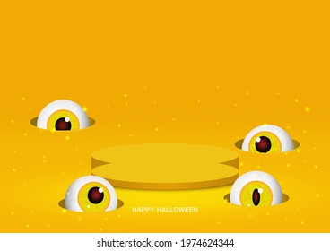 Yellow background decorated with yellow stage podium, holes pit with eyeballs. Pedestal with for product, advertising. Halloween concept. Vector illustration.
