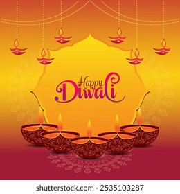  yellow background Decorative archway frames Happy Diwali in festive font Diyas surround the archway Mandala patterns and golden accents add festive touch