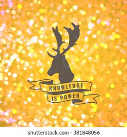 Yellow background with deer emblem. Bokeh abstract wallpaper. 