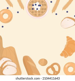 Yellow background design with bakery bread products and copy space, design for background banner and poster.
