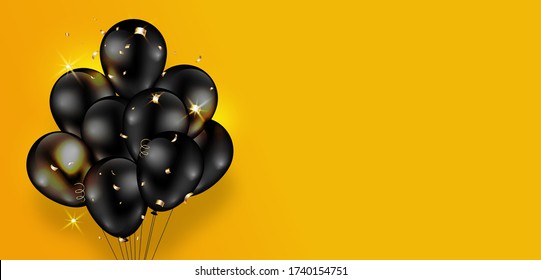 Diseño de fondo amarillo con globos brillantes oscuros y confeti dorado brillante. Ilustración vectorial.