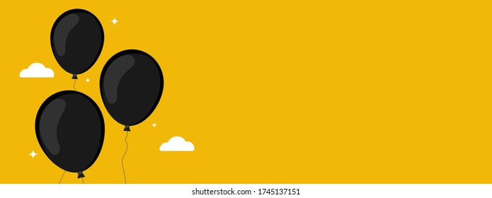 Diseño de fondo amarillo simple con globos negros, nube, blanco brillante, flotando en el aire. Estilo de caricatura. Espacio para tu texto, venta, publicidad, banner, afiche y sitio web. Ilustración del vector
