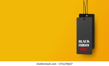 Yellow Background Design With Tags Label Hanging, Black Friday Sale Text. Promotion Weekend. Vector Illustration.