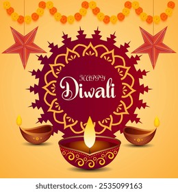 A yellow background with diyas placed at the bottom In the center there is a circular mandala pattern with the text Happy Diwali written inside it There are also stars and marigold garlands hanging 