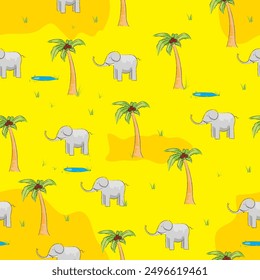 Yellow background with elephant drawing and palm trees, textile