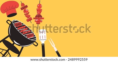 Yellow background with empty space and barbecue grill. Vector illustration