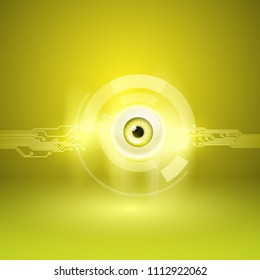 Yellow background with eye and circuit