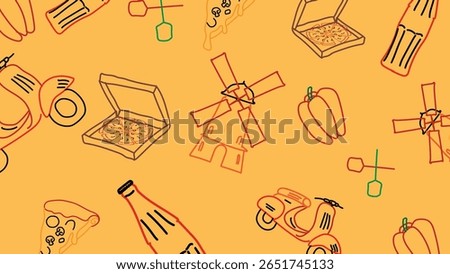 Yellow background filled with windmills, soda bottles, pizza boxes, and slices in a creative pizza-themed layout.