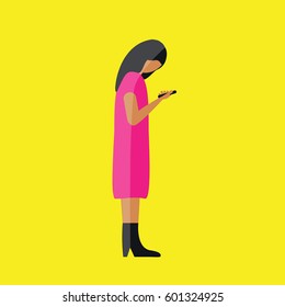 yellow background flat design style illustration with a distracted woman or girl standing, read, send message and look at the mobile. people on the cell phone vector. young addicted to virtual world