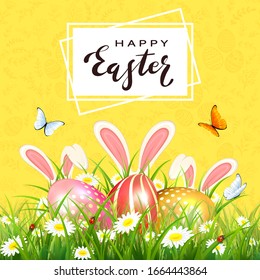 Yellow background with floral pattern and lettering Happy Easter. Butterflies and rabbit ears behind the colorful Easter eggs in grass and flowers. Illustration can be used for holiday design, cards.