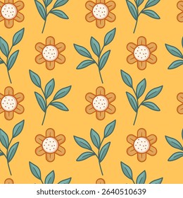A yellow background with a flower pattern. The flowers are orange and green. The leaves are green and the flowers are small