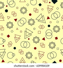 Yellow background with geometric colored shapes: circles, squares, triangles. Seamless background. Vector illustration.
