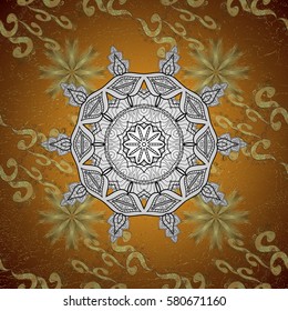 Yellow background with gold elements. Vector illustration. Vector golden pattern. Golden textured curls. Oriental style arabesques.