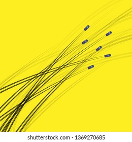 Yellow background with gray tire tracks and cars race