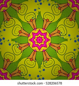 Yellow background with green doodles mandala. Vector.