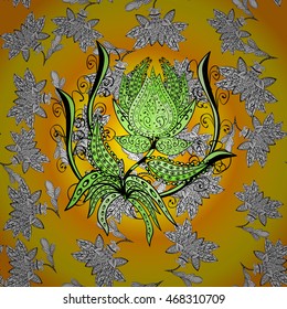 Yellow background with green flowers. Vector illustration