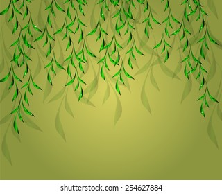 Yellow background with green leaves. EPS10 vector illustration.