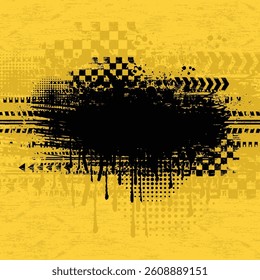 Yellow background with grunge tire tracks splashes and checkered flag pattern with arrows