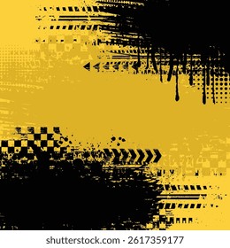 Yellow background with grunge tire tracks splashes and checkered flag pattern with arrows