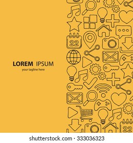 Yellow background with hand drawn black web icons. Vector illustration.