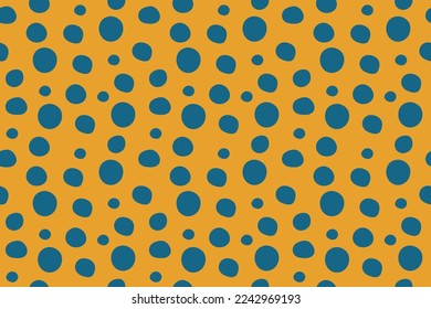 Yellow background with hand drawn blue dots pattern. Seamless modern artwork, Cheetah skin background. Great for textiles, stationery items, home decor and fashion uses. Vector illustration