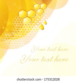 Yellow background with honeycomb frame drops of honey. Vector