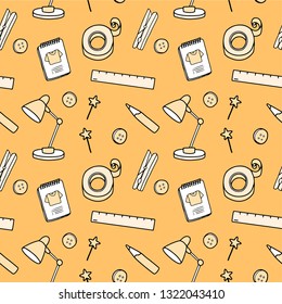 Yellow background with the image of objects drawn in the vector on the theme of creativity and handmade. Pattern seamless all for sewing and tools