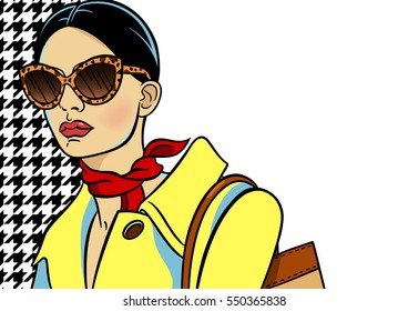 Yellow background with image young, beautiful and fashion woman. Lady in sunglasses and coat. Colorful image