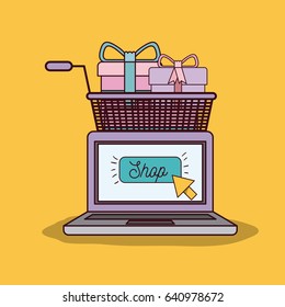 yellow background with laptop computer and shopping cart full of gifts vector illustration