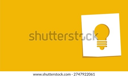 Yellow background with a light bulb icon on a paper note, vector illustration. Flat design style.