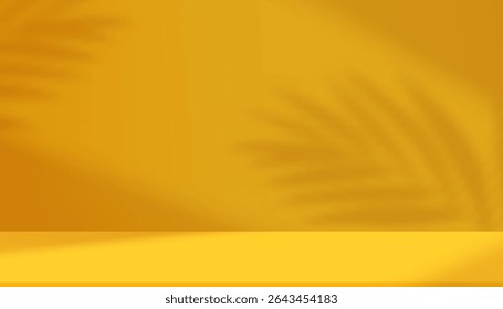 Yellow Background with Light,Shadow Palm leaf on 3d Podium Display for Summer Product Design Banner,Vector Abstract minimalist stage mockup of pedestal platform with white wall interior studio