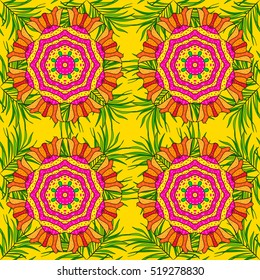 Yellow background with mandala. Pink, red, green.