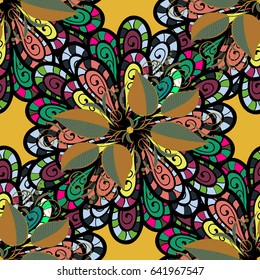 Yellow background. Mandala vector floral flower oriental coloring book page outline template carpet. Seamless pattern with flowers.